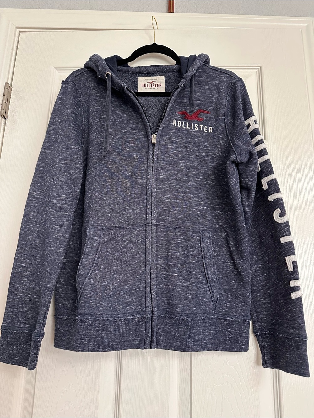 Hollister Heathered Navy Zip Hoodie with Red Logo